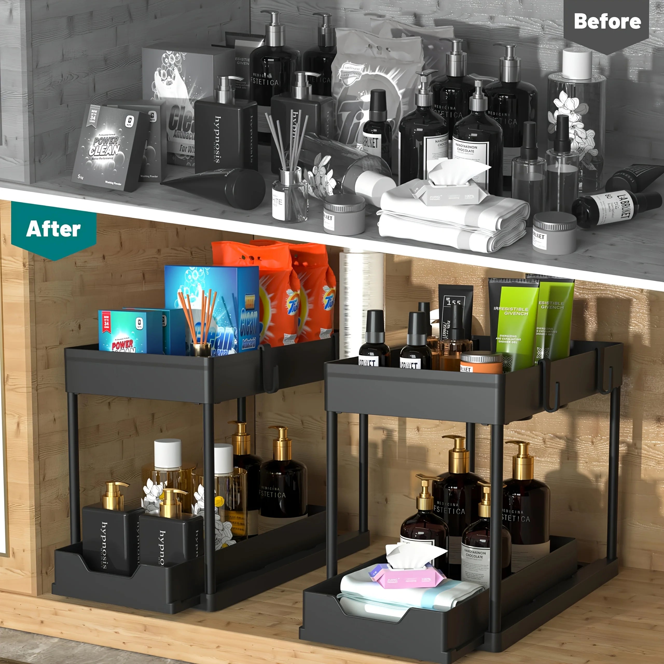 2 Tier Under Sink Sliding Storage Basket Multifunctional Organizer Rack with Hooks Hanging Cup Space-saving for Bathroom Kitchen