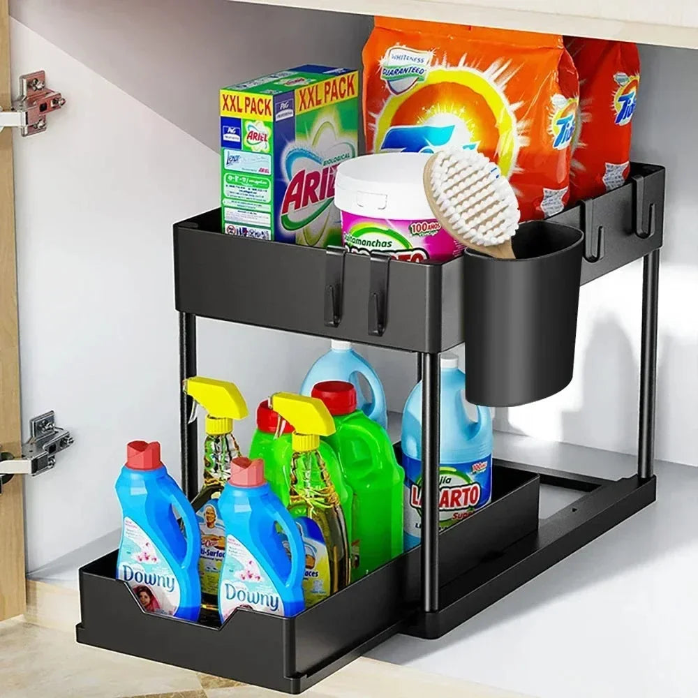 2 Tier Under Sink Sliding Storage Basket Multifunctional Organizer Rack with Hooks Hanging Cup Space-saving for Bathroom Kitchen