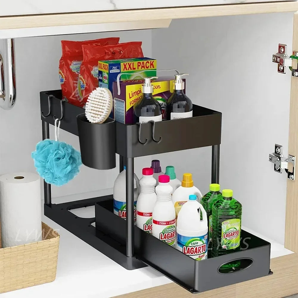 2 Tier Under Sink Sliding Storage Basket Multifunctional Organizer Rack with Hooks Hanging Cup Space-saving for Bathroom Kitchen