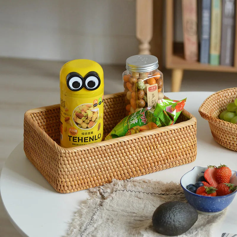Handwoven Basket Organizer Wicker Basket Rectangular Rattan Basket Storage Tray Bread Fruit Picnic Basket Cosmetic Storage Box
