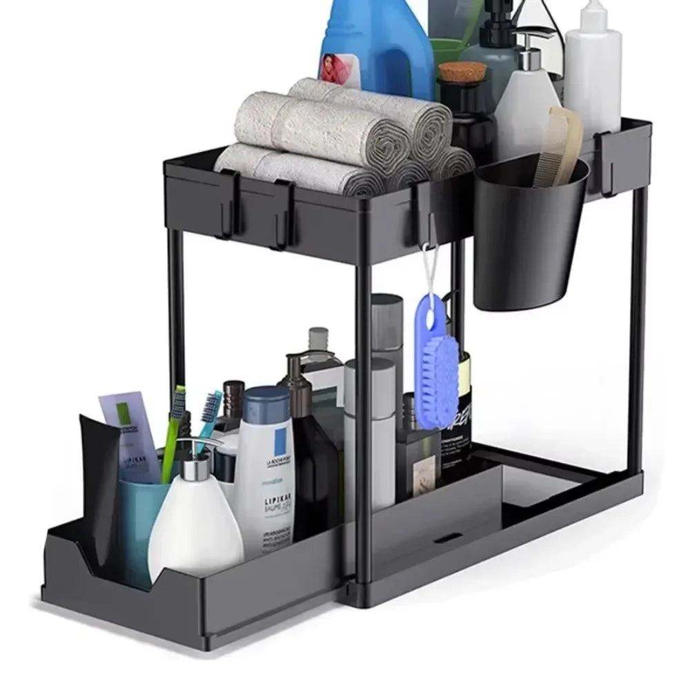 2 Tier Under Sink Sliding Storage Basket Multifunctional Organizer Rack with Hooks Hanging Cup Space-saving for Bathroom Kitchen