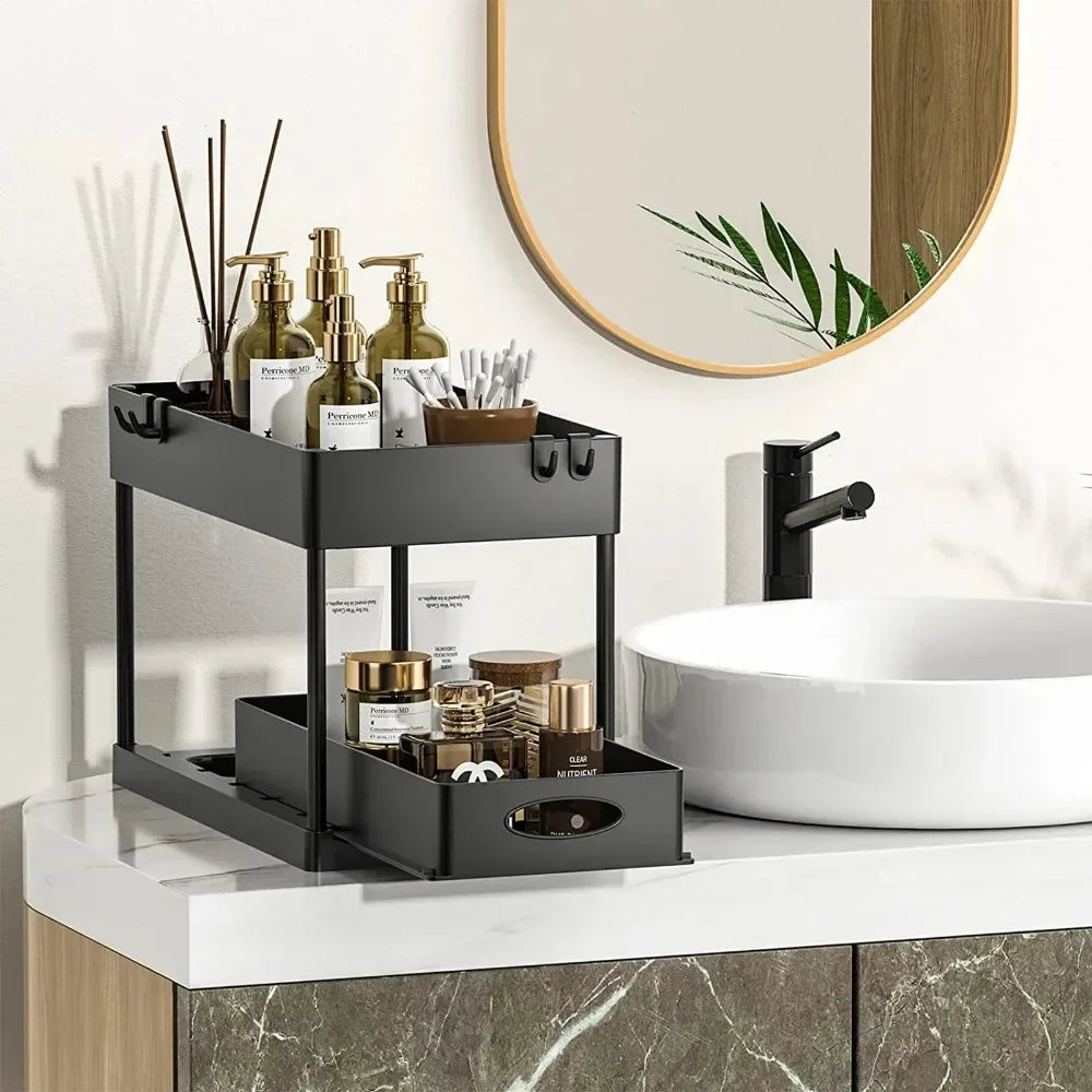 2 Tier Under Sink Sliding Storage Basket Multifunctional Organizer Rack with Hooks Hanging Cup Space-saving for Bathroom Kitchen