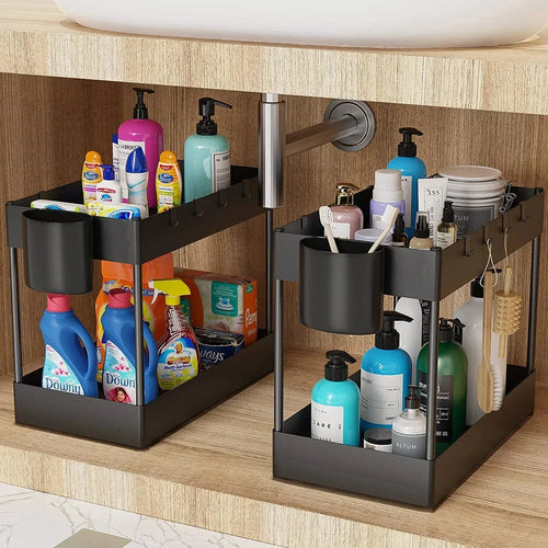 2 Tier Under Sink Sliding Storage Basket Multifunctional Organizer Rack with Hooks Hanging Cup Space-saving for Bathroom Kitchen