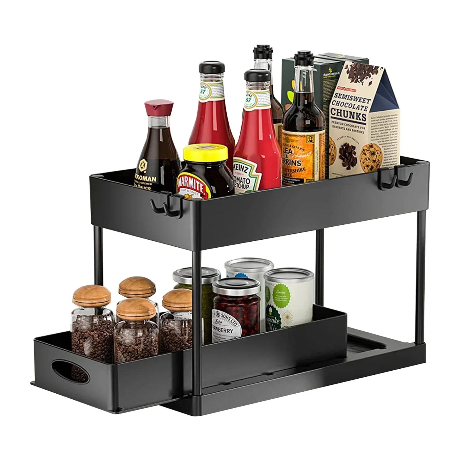 2 Tier Under Sink Sliding Storage Basket Multifunctional Organizer Rack with Hooks Hanging Cup Space-saving for Bathroom Kitchen