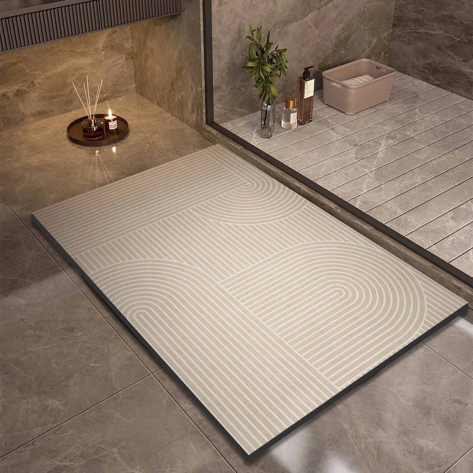 Ordenza Home absorbent suede bathroom mat with a beige and white geometric line pattern on a tiled floor.