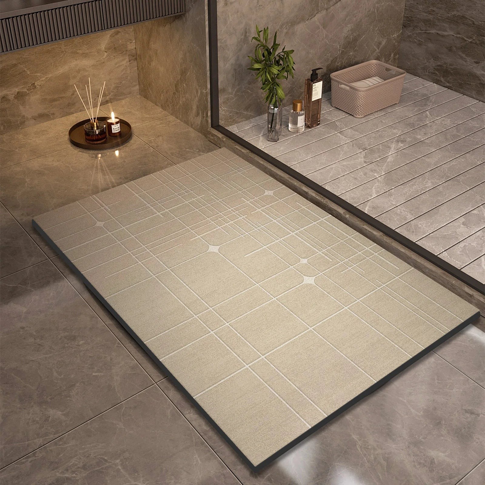Ordenza Home beige suede bath mat with a geometric grid pattern on a tiled bathroom floor