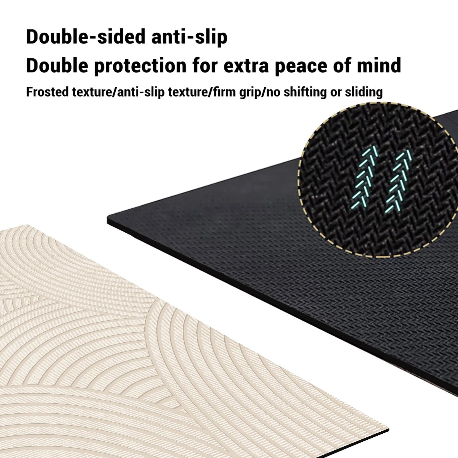 Ordenza Home super absorbent suede bath mat with a cream geometric pattern and a black anti-slip textured backing.